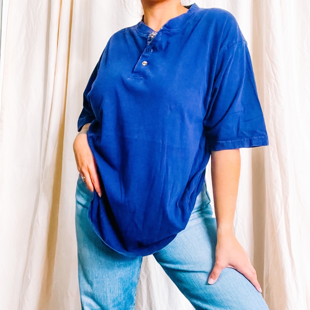Vintage Men’s Oversized Navy Blue Henley Top